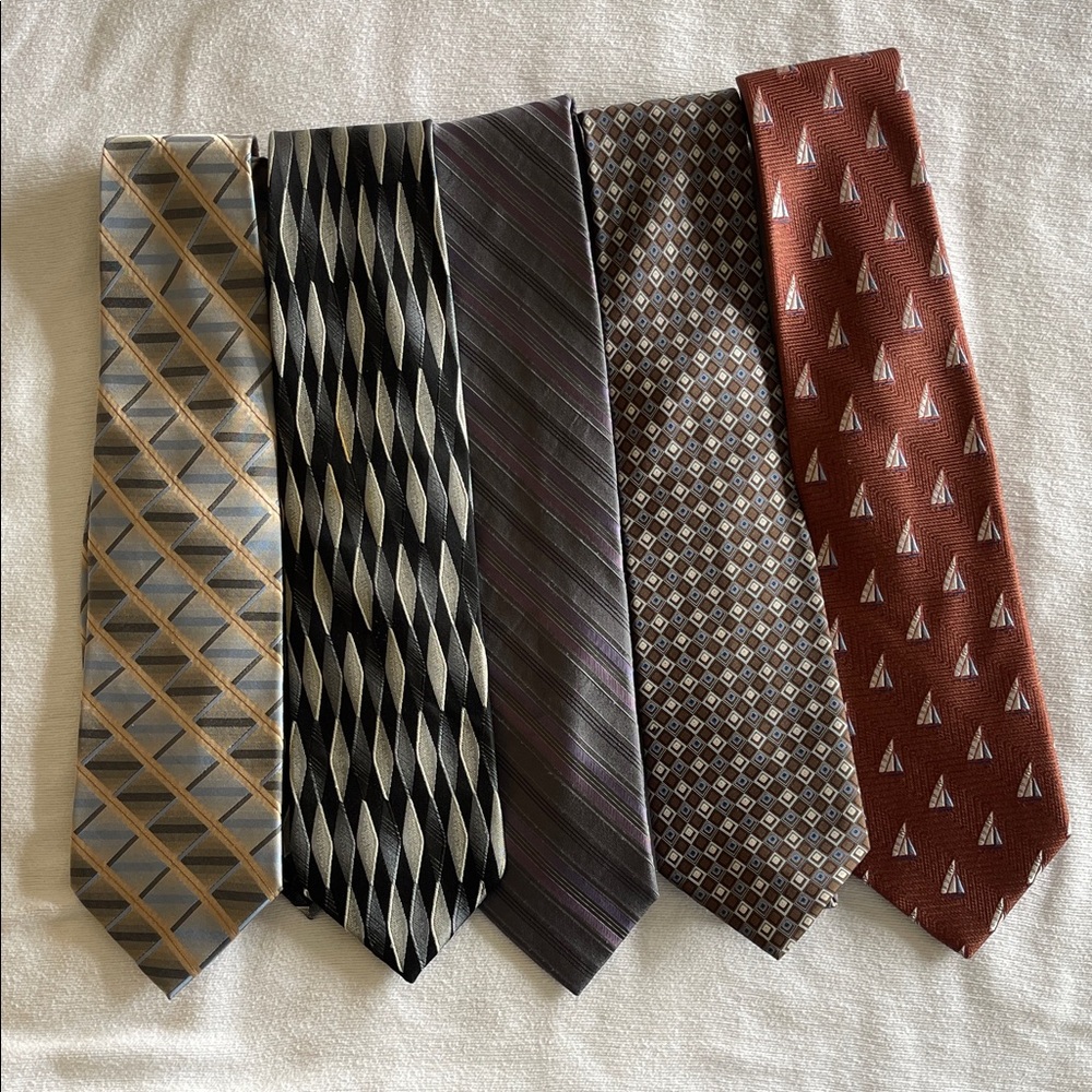 Lot 3 - Men's Assorted Pattern Silk Tie Set - Brown, Gray, Black, Rust, Silver